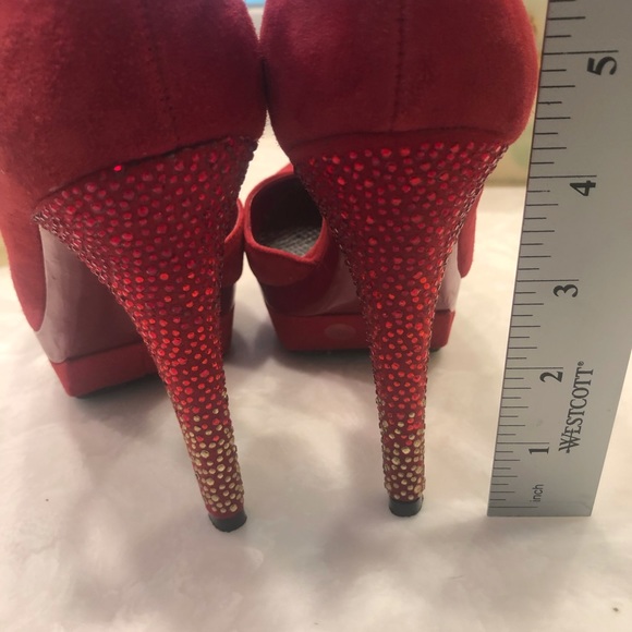 Red suede shoes with rhinestone heels, Sz 7 - Picture 15 of 15
